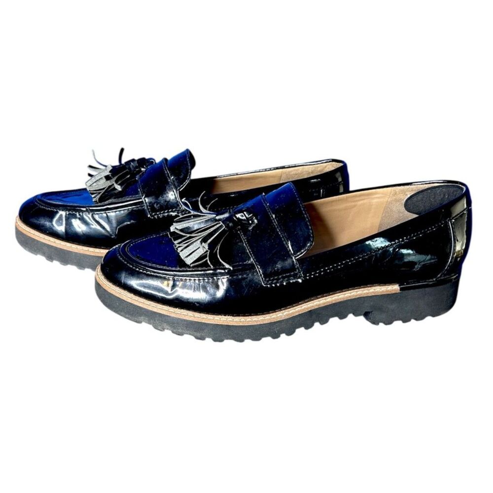 Franco Sarto Womens Blk Carolynn Tassel Loafer 8.5 Preppy Classic Patent Leather